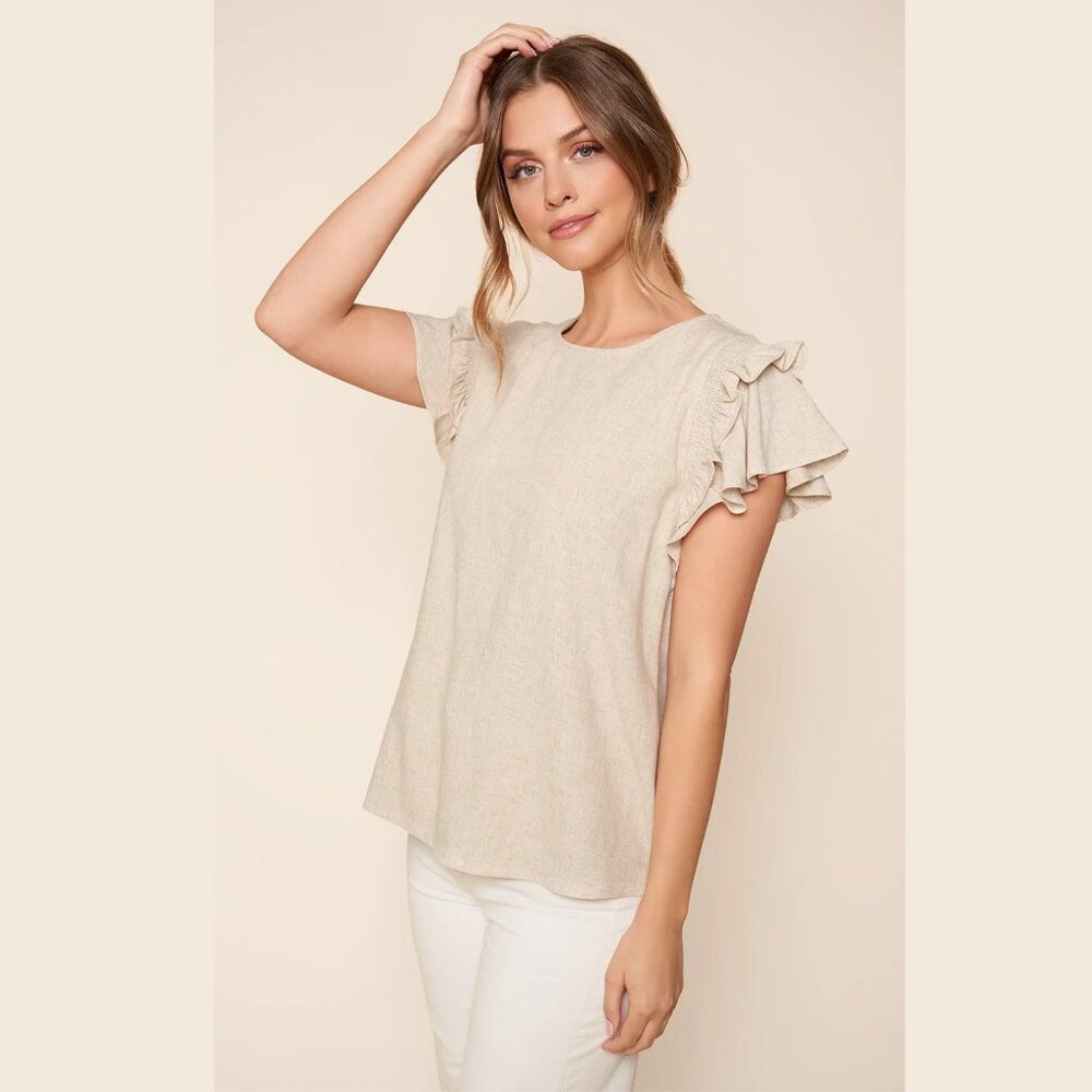 NWT Sugar+Lips Kimberly Linen Blend Ruffle Flatter Short Cap Sleeve Top Blouse